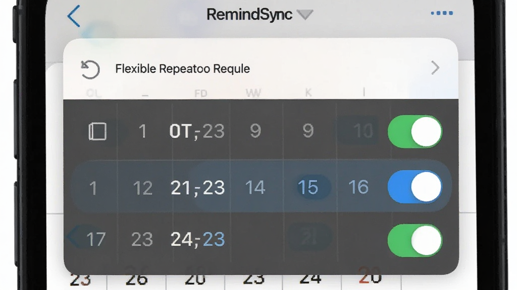 һ��չʾ RemindSync ����ظ��������ý����ͼƬ������Ϊ�ֻ���Ļ�е��������ظ�ѡ����壬���ֲ������·ֲ�ṹ���Ű������������뿪�ؿؼ�Ϊ�������Ϊ��ˬ��ƬʽUI�磬ϸ�ڰ���ѭ����ͷ�����ڸ����뿪�ذ�ť�������������ɾ����޶���Ԫ��