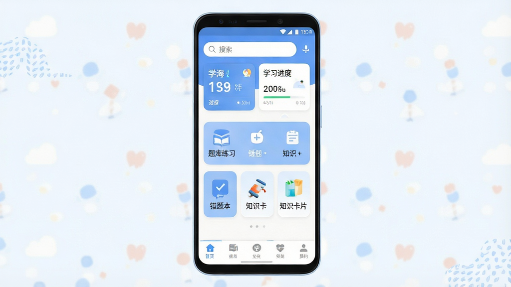 һ��չʾѧ��Ӧ����������ֻ���ĻЧ��ͼ������������һ��������׿�ֻ�����Ļ�ڳ�����ˬ��ѧϰ��Ӧ����ҳ������Ϊ��������ѧϰ���ȿ�Ƭ���в�Ϊ�����ϰ�����Ȿ��֪ʶ��Ƭ����������ڣ��ײ�Ϊ�����������岼�־��жԳƣ����Ϊ����ƽ�������磬ϸ�ڰ������������ɫ��Բ�ǿ�Ƭ������ͼ�꣬���ʸɾ��������޶���װ��Ԫ�أ������пɳ���