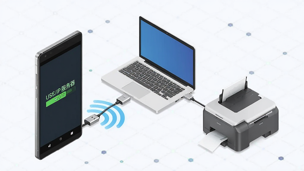 ��׿�ֻ���ΪUSB�������ģ���Ļ��ʾ��USB/IP ������������״̬���ֻ�ͨ�������ź�����һ̨�ʼǱ����Ժ�һ̨��ӡ����������õȾ��ӽǣ�����Ϊǳɫ�Ƽ����񣬷�����ִ���ϸ�����������ʸɾ����޶���Ԫ��