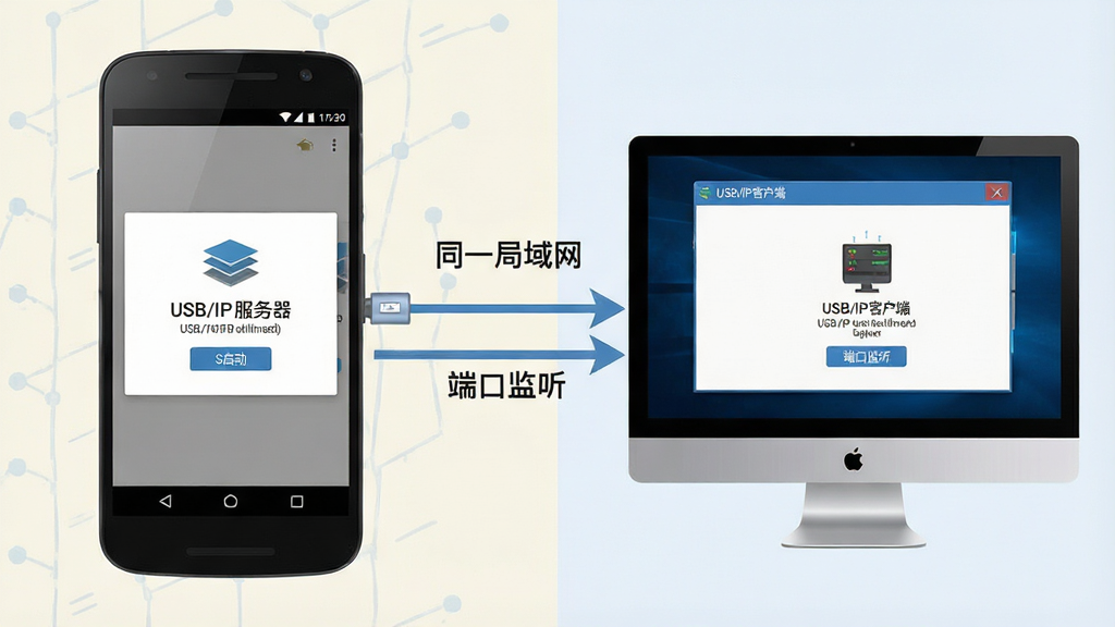 һ����ѧʾ��ͼ������ǰ�׿�ֻ���ʾ��USB/IP ���������������棬�Ҳ��ǵ��Զ�USB/IP�ͻ������Ӵ��ڣ��м��м�ͷ��ע��ͬһ���������͡��˿ڼ������ȹؼ����裬����Ϊǳɫ���������ֱ�ۣ��������ҷ�����ϸ����ȷ�����ʸɾ����޶���Ԫ��