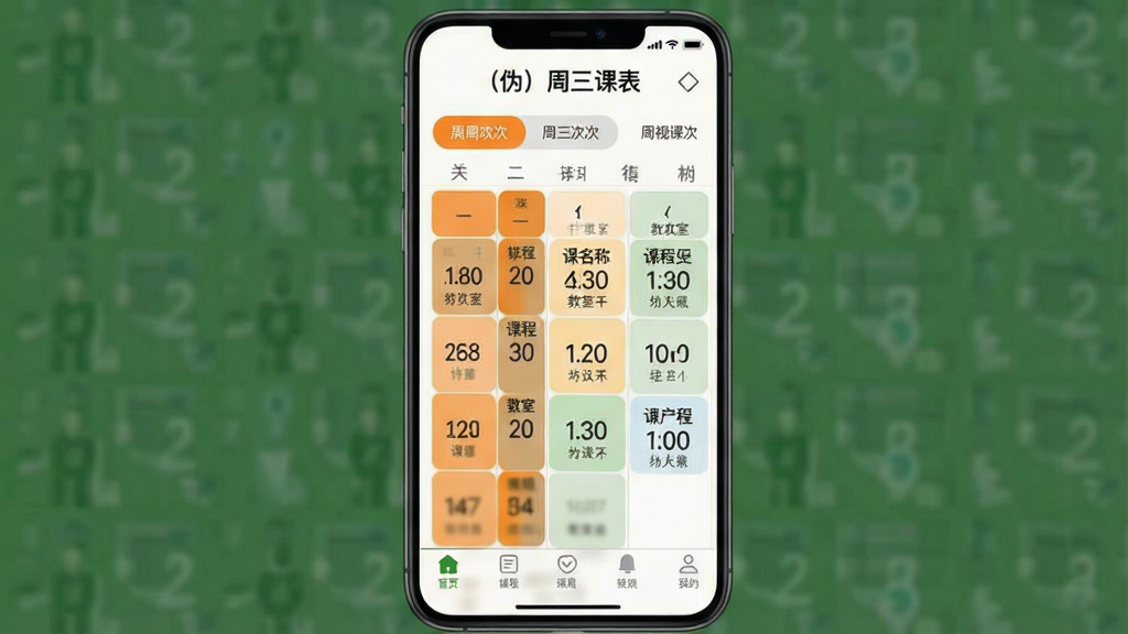 一张手机应用界面截图,主体为“(伪)周三课表”的周视图,周三列高亮显示为橙色,布局为上方周次切换、中间课程格子、底部导航栏,排版简洁,风格为清新校园风,细节包含课程时间、课程名称、教室信息,画质清晰,界面干净,无多余元素