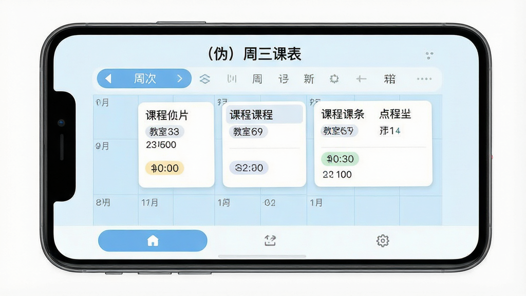 一张手机屏幕展示课程表应用的界面,主体为浅蓝色课程表网格,顶部显示“(伪)周三课表”字样,布局为上方周次导航、中间课程卡片、底部功能按钮,排版整齐清晰,风格为扁平化校园风,细节包含课程名称、教室编号、时间标签,画质高清,屏幕干净,无多余元素