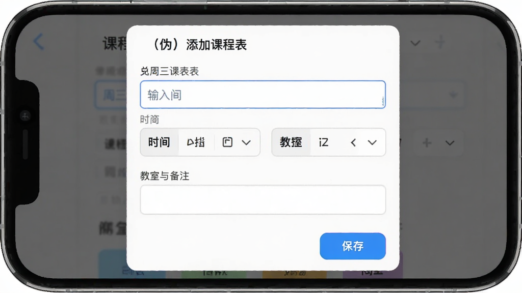 手机屏幕展示课程编辑弹窗,主体为“(伪)周三课表”的添加课程表单,布局为上方标题输入、中间时间选择器、下方教室与备注栏,排版规整,风格为简约工具风,细节包含输入框、下拉菜单、保存按钮,画质高清,界面干净,无多余元素