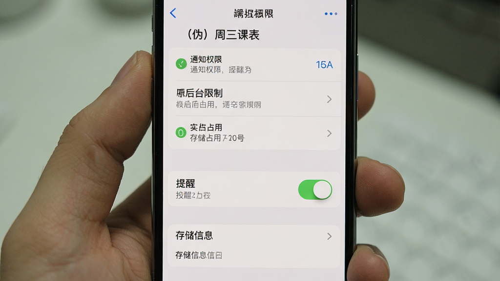 一张手机屏幕展示“(伪)周三课表”的设置页面,主体为权限管理与提醒选项,布局为上方权限列表、中间提醒开关、下方存储信息,排版清晰,风格为系统设置风,细节包含通知权限、后台限制、存储占用,画质高清,界面干净,无多余元素