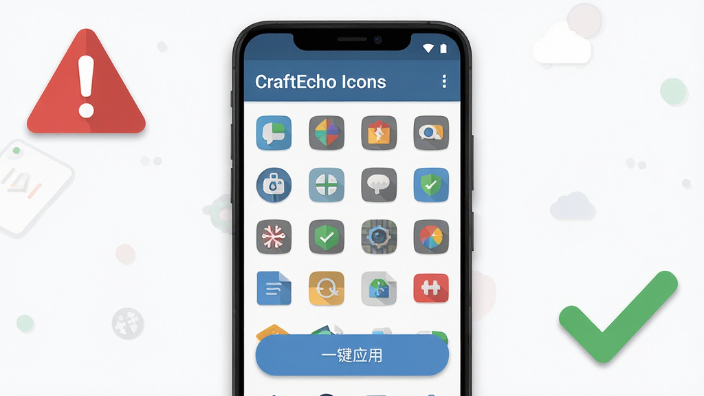 ����Ϊһ����׿�ֻ���Ļ��ʾCraftEcho Icons�����Ĳ������棬�����а���ͼ�������롰һ��Ӧ�á���ť����Ļ�Ա߷���һ����ɫ��ʾͼ������ɫ�Թ�ͼ�꣬����Ϊ�ֻ����У���ʾͼ��λ�����Ͻǣ��Թ�ͼ��λ�����½ǣ����Ϊ��ƽ����Ϣͼ���ϸ�ڰ�������Ԫ�ص�������Ե�������Ӱ�����ʸ��壬����ɾ��޶���Ԫ�أ�������ʾ��CraftEcho Icons������