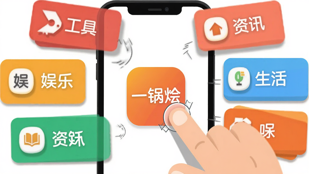 一只卡通手从屏幕外伸入,点击手机屏幕上的多个彩色功能卡片,卡片上分别写着