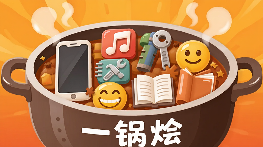 画面中央放置一个冒着热气的圆形大锅,锅内整齐排列着手机、音乐音符、小工具图标、笑脸表情、书本等元素,锅身印有中文