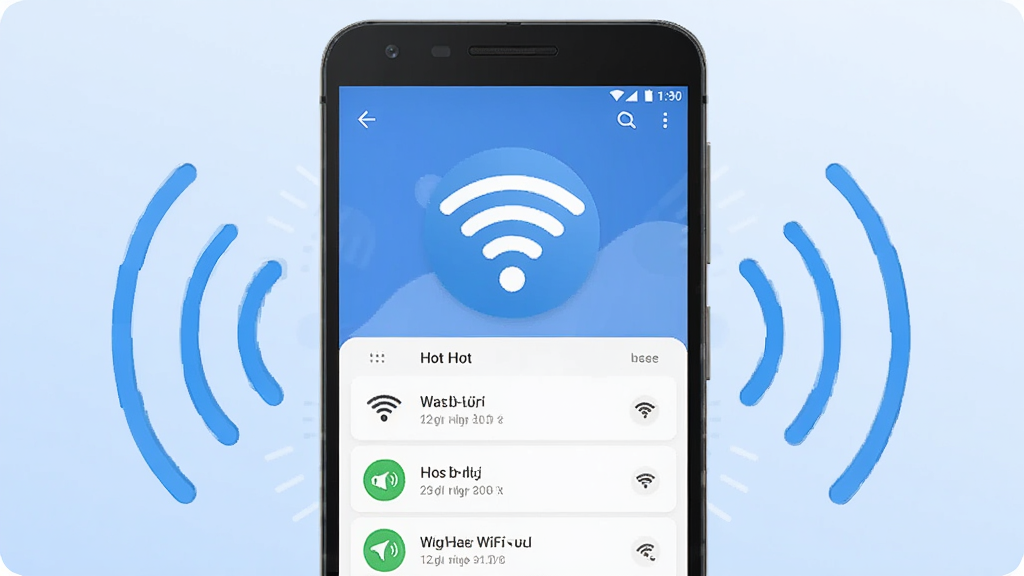 �����������һ����׿�ֻ����ֻ���Ļ��ʾ����WiFiԿ��Ӧ�������棬��������WiFi�ź�ͼ�����ȵ��б����֣�����Ϊǳ��ɫ���䣬��ΧƯ�����������źŲ������������Ϊ��ƽ���Ƽ��廭��ϸ�ڸɾ��������������޶���Ԫ��