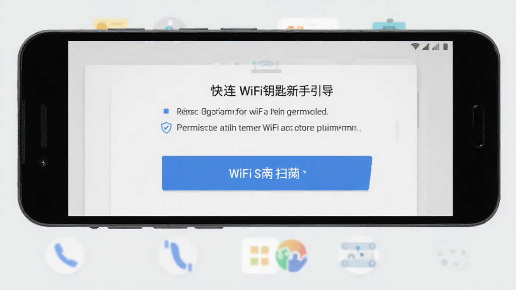 һ����׿�ֻ���Ļ��ʾ����WiFiԿ����������ҳ�棬ҳ������Ȩ��������ʾ��WiFiɨ�谴ť������Ϊǳ��ɫ������棬���Ϊ��ƽ��UIչʾͼ�������������ɾ��޶���װ��