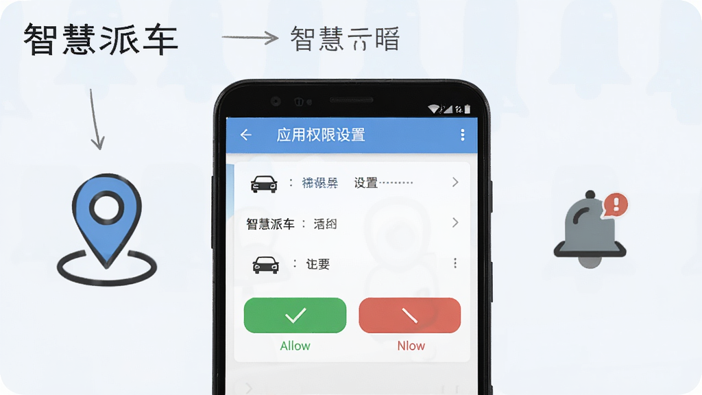 ��������Ϊһ����׿�ֻ���Ļ��ʾӦ��Ȩ������ҳ�棬�Ա��ж�λͼ����֪ͨͼ�꣬����Ϊǳɫ�����棬�����ֻ����У����̳�ʾ��ͼ��ϸ�ڰ�����ɫ������ť���ɫ��ֹ��ť�Աȣ����������ɾ���ͼƬ�����ֱ�ע���ǻ��ɳ���