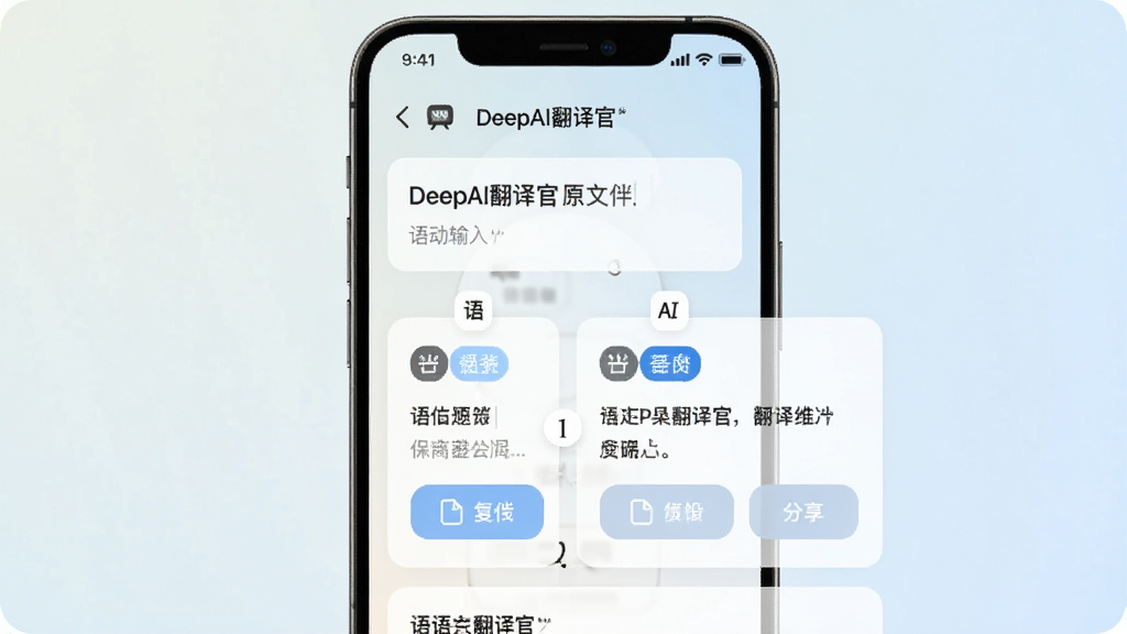 �ֻ�����չʾ��DeepAI����١������ַ�����ҳ���Ϸ�Ϊԭ�����������·�Ϊ����չʾ��Ƭ����Ƭ�ڰ������Ա�ǩ�븴�Ʒ�����ť������Ϊǳɫ���䣬��������죬ϸ�ڰ��������Ű����롢ͼ������ͳһ�����������ɾ����޶���Ԫ��
