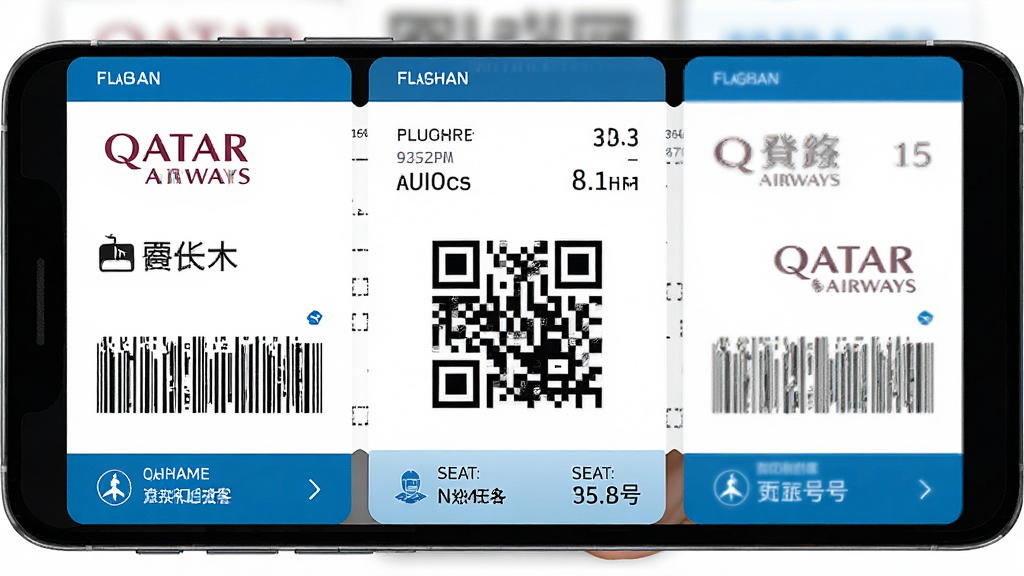 һ��չʾ����������Qatar Airways���ӵǻ��ƹ��ܵ��ֻ�����ͼ������Ϊ�ֻ���Ļ����Ķ�ά��ǻ��ƿ�Ƭ������Ϊ�Ϸ�������Ϣ���в���ά�����򡢵ײ��˿���������λ�ţ��Ű������ֱ�����Ϊ��ԼƱ��磬ϸ�ڰ����ǻ��ڱ�š���������������ɫƷ��ɫ��׺�����ʸ��塢�ɾ����޶���Ԫ��