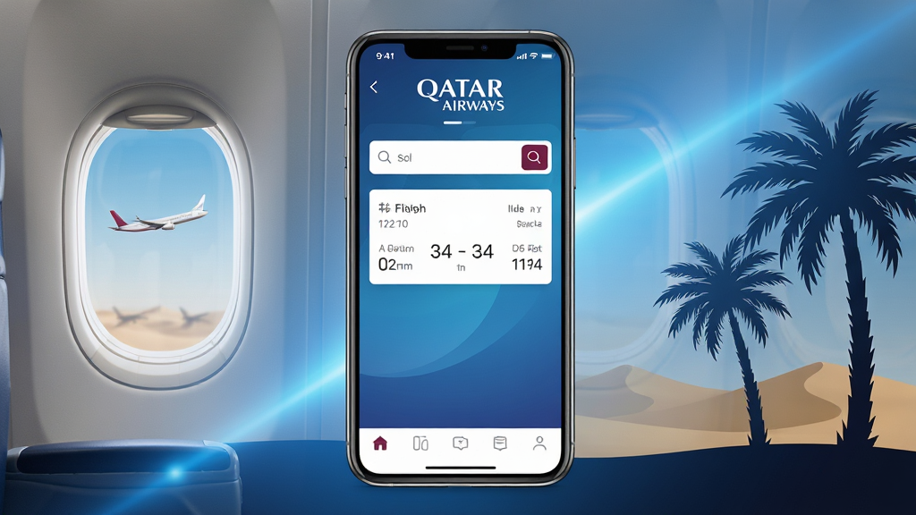 һ��չʾ����������Qatar Airways�ֻ�Ӧ�ý���ĳ���ͼ������Ϊ���з��õ������ֻ�����Ļ��ʾ����������ֵ��ҳ�棬����Ϊ�Ϸ�Ʒ�Ʊ�ʶ���в����࿨Ƭ���ײ����������Ű���Գƣ����Ϊ�ִ�����Ƽ��磬ϸ�ڰ��������ϴ�������ɳĮ��鵼�Ӱ����ɫ�����Ч�����ʸ��塢�ɾ����޶���Ԫ��