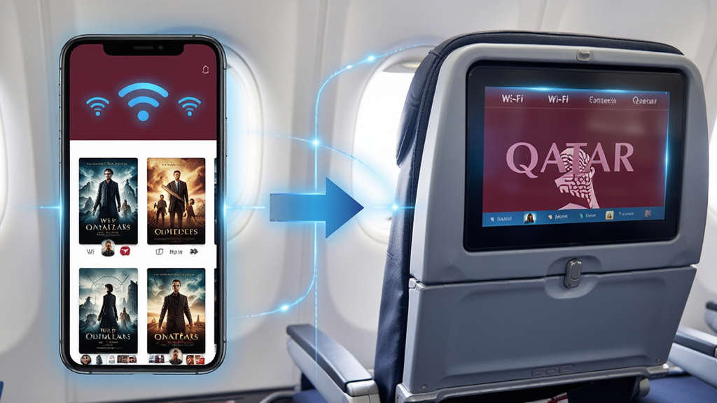 һ��չʾ����������Qatar Airways����Wi-Fi����������Ԥѡ���ܵ�ʾ��ͼ������Ϊ�ֻ���ɻ�������Ļ����������������Ϊ����ֻ����桢�Ҳ�������Ļ���в����Ӽ�ͷ���Ű����Һ�Ӧ�����Ϊ�Ƽ����з磬ϸ�ڰ���Wi-Fi�ź�ͼ�ꡢ��Ӱ��������ͼ����ɫ���Σ����ʸ��塢�ɾ����޶���Ԫ��
