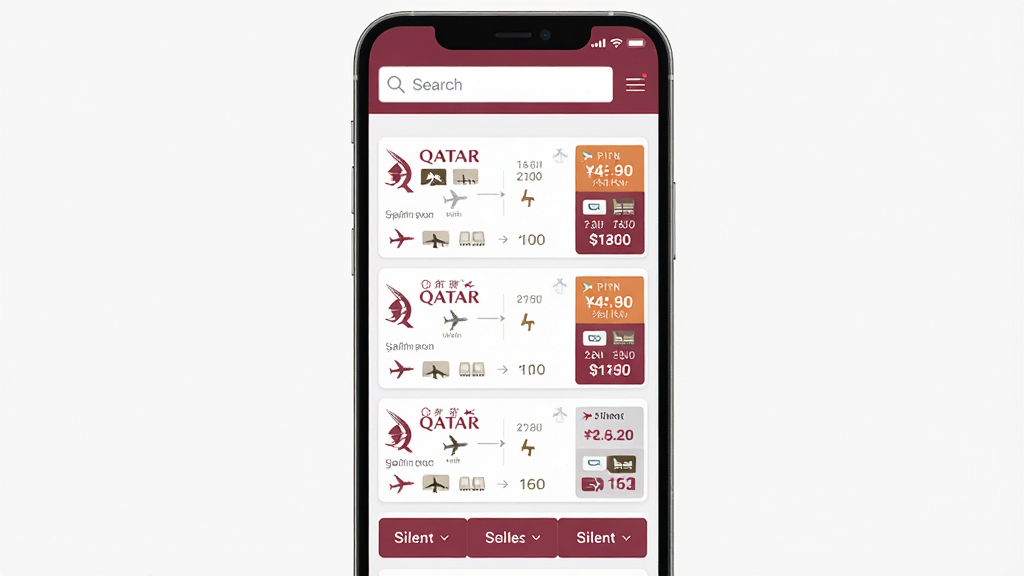 һ�ſ���������Qatar AirwaysӦ���ں����������ҳ���ʾ��ͼ������Ϊ�ֻ���Ļ�ϵĶ������࿨Ƭ�б�������Ϊ�������������в�����ʱ����۸���Ϣ���ײ�ɸѡ��ť���Ű������ֲ㣬���Ϊ��ƽ���������磬ϸ�ڰ������չ�˾��־����λͼ�ꡢ�۸����ɫ�飬���ʸ��塢�ɾ����޶���Ԫ��