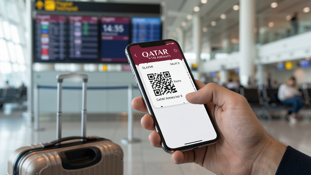 һ��չʾ����������Qatar Airways�ƶ���ʹ�ó�����ʾ��ͼ������Ϊ�ÿ��ڻ����ֳ��ֻ��鿴���ӵǻ��ƵĽ���������Ϊ�����ֲ����ֻ���Ļ��д�������黯�����������Ű�۽��ֻ����棬���Ϊ��ʵ������Ӱ�磬ϸ�ڰ����ǻ��ƶ�ά�롢������������������Ϣ����Ӱ�����ʸ��塢�ɾ����޶���Ԫ��