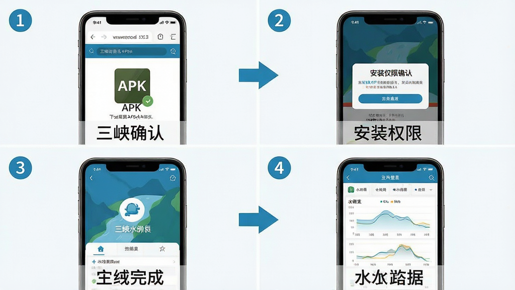��Ͽˮ��APP��װʹ�ò���ʾ��ͼ������Ϊ�ĸ�־�����չʾ�ֻ��������̣���һ����ʾ���������APK�ļ����棬�ڶ�����ʾ��װȨ��ȷ�ϵ�������������ʾAPP��ҳ������ɣ����ĸ���ʾˮ������ͼ��ҳ�棬ÿ���·����м�����ֱ�ע�����Ϊ��ƽ���̳�ͼʾ��ϸ�ڰ�����ͷ�����������š��ֻ��������������ʸ���ɾ��޶���Ԫ��