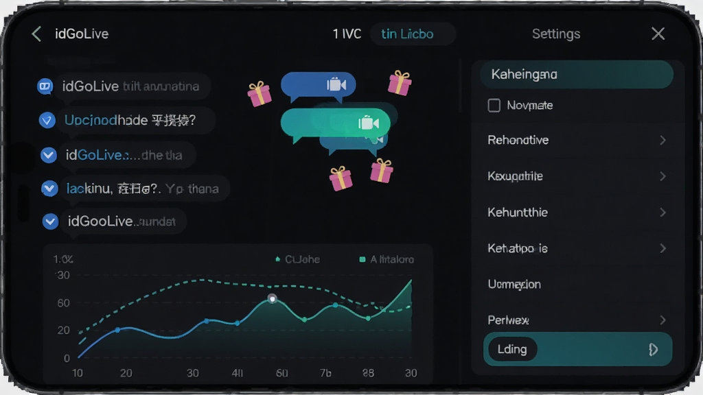 手机屏幕中显示“idGoLive”直播互动界面,屏幕上方有弹幕消息气泡和礼物图标漂浮,下方有数据统计折线图,画面右侧有一个设置面板显示关键词过滤选项,整体为深色主题UI风格,蓝绿色点缀,细节丰富,画质干净