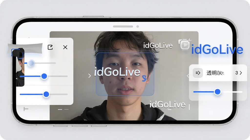 手机屏幕中央显示“idGoLive”预览画面,画面中有摄像头采集的人像和叠加的文字水印图层,屏幕旁边漂浮着图层调整滑块和透明度调节按钮,整体采用现代UI风格,配色以白色和浅灰色为主,点缀蓝色高亮,画质清晰干净