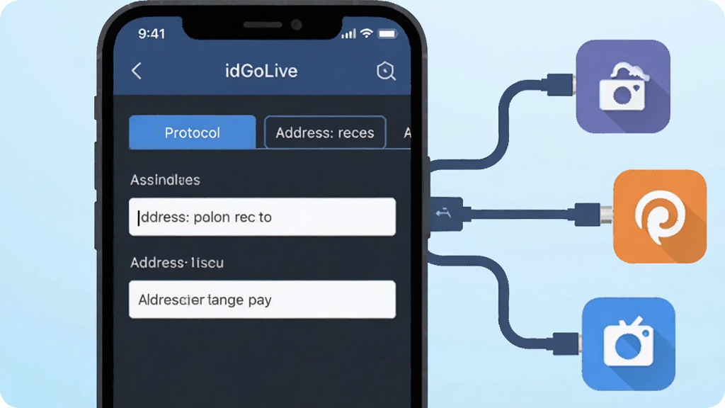 一部手机屏幕中显示“idGoLive”推流设置界面,界面中有多个协议标签和地址输入框,手机右侧延伸出三条数据线连接三个不同的平台图标,整体为扁平插画风格,背景为浅蓝色渐变,画面干净整洁,无杂乱元素