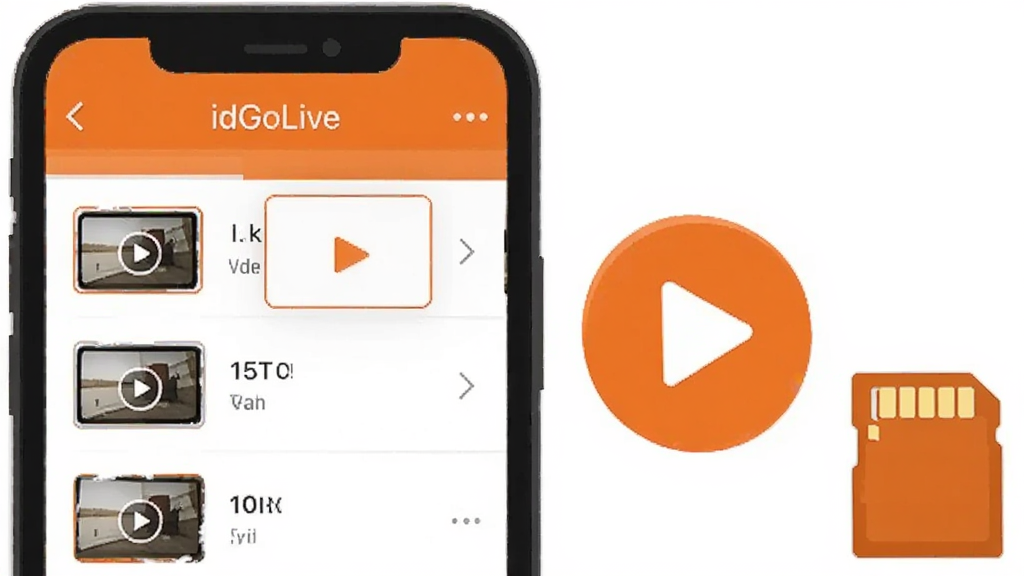 一部手机屏幕显示“idGoLive”录制管理界面,界面中有视频文件列表和缩略图,手机旁边有一个播放按钮图标和一个存储卡图标,整体为扁平化设计风格,配色以橙色和白色为主,背景简洁,画质干净无多余元素