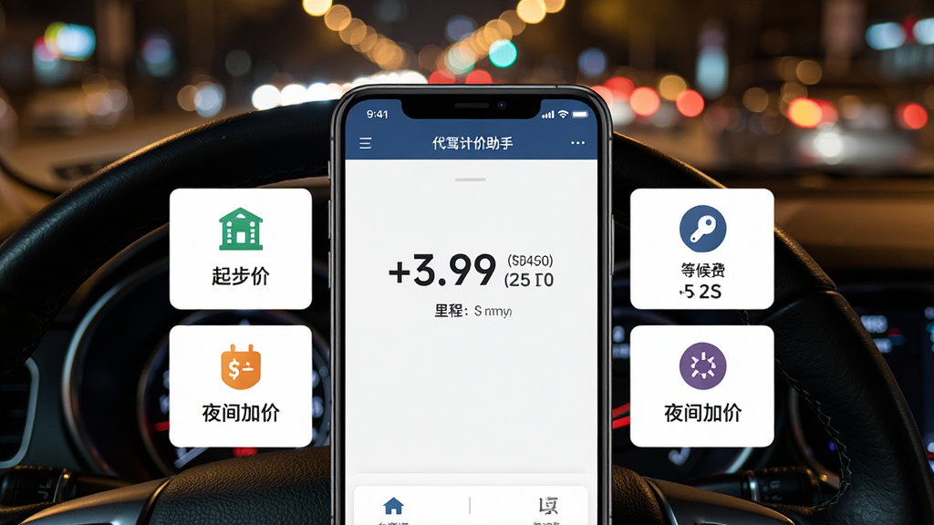 画面主体是一部智能手机,屏幕显示代驾计价助手软件的主界面,界面中央有醒目的金额数字和里程信息,周围环绕起步价、等候费、夜间加价等计费模块图标;手机放置在一辆汽车的方向盘前方,背景是夜晚城市道路的虚化灯光;整体采用写实风格,细节清晰,画质干净,无多余元素,突出实用工具属性