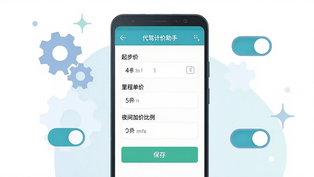 画面主体是一部安卓手机屏幕显示代驾计价助手的设置页面,页面上有起步价、里程单价、夜间加价比例等参数输入框,旁边有保存按钮高亮;手机周围有齿轮图标和权限开关图标作为装饰元素;风格扁平化插画,布局清晰,色彩柔和,细节简洁,画质干净,无多余元素