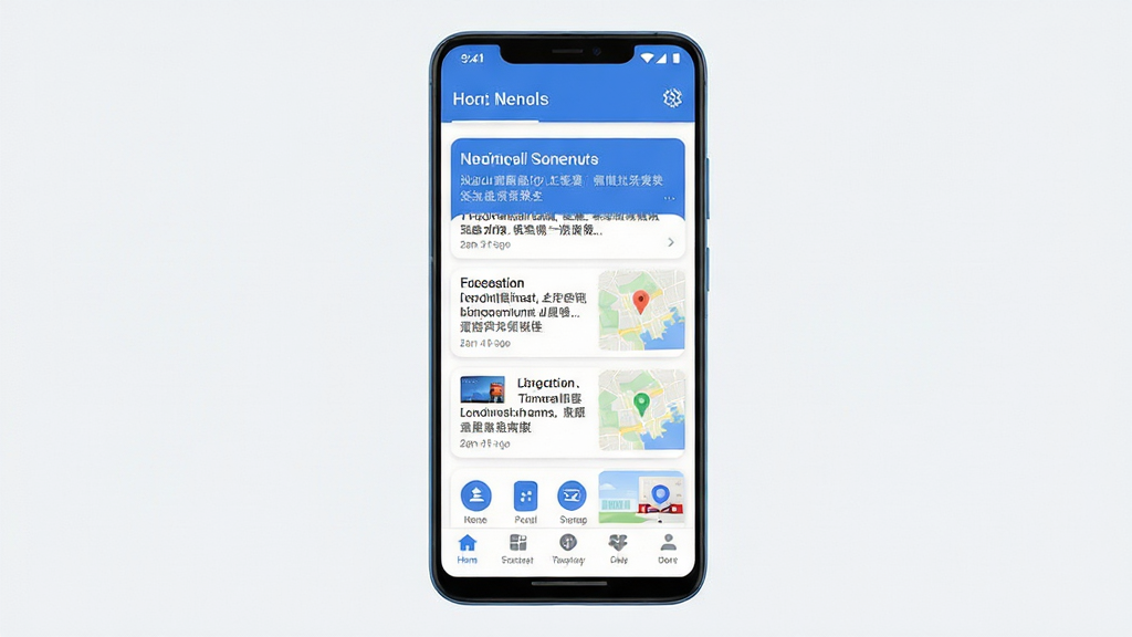 手机屏幕中展示本地新闻资讯列表与便民服务入口的应用界面,主体为一部竖屏安卓手机,布局居中展示首页信息流与底部导航栏,排版清晰分区块呈现新闻卡片与功能图标,风格为清爽现代扁平化UI设计,细节包含蓝色主色调、圆角卡片、区域地图点缀元素,画质高清锐利,画面干净整洁,无多余装饰元素