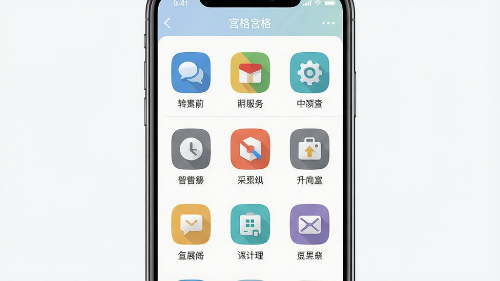 手机界面展示便民服务功能宫格入口,主体为竖屏手机屏幕,布局为九宫格图标矩阵排列,排版整齐对称,风格为简约实用型应用设计,细节包含各色功能图标与中文标签文字,画质高清,画面干净无冗余