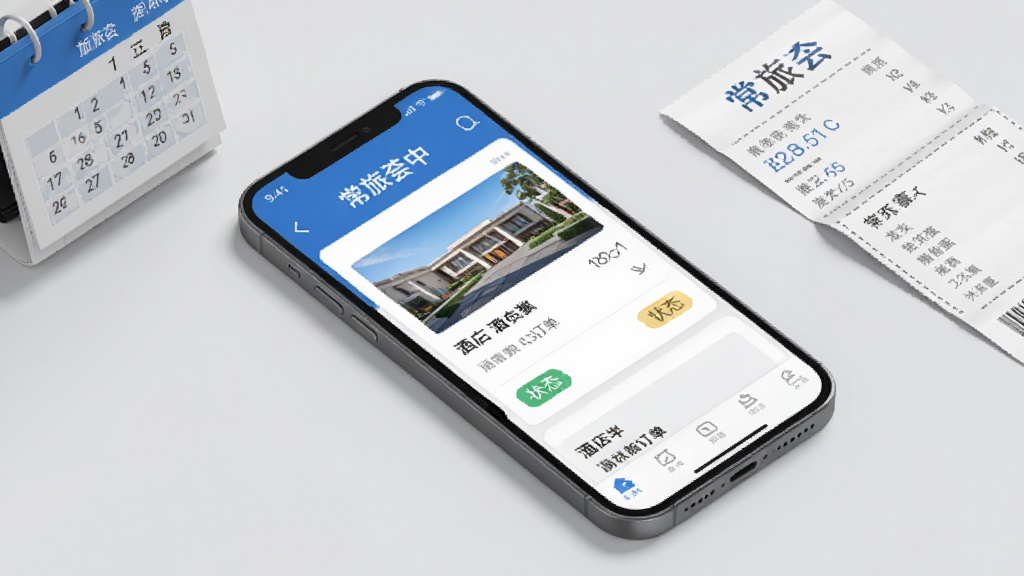 主体为一部手机展示常旅荟订单中心页面,屏幕内可见酒店订单卡片与状态标签;布局为手机斜放在浅灰背景上,旁边配有日历与票据元素;排版简洁,视觉重心集中在手机屏幕;风格为现代商务扁平风,主色为蓝白灰;细节上订单卡片信息层次分明,状态标签清晰;画质高清,画面干净,无多余元素