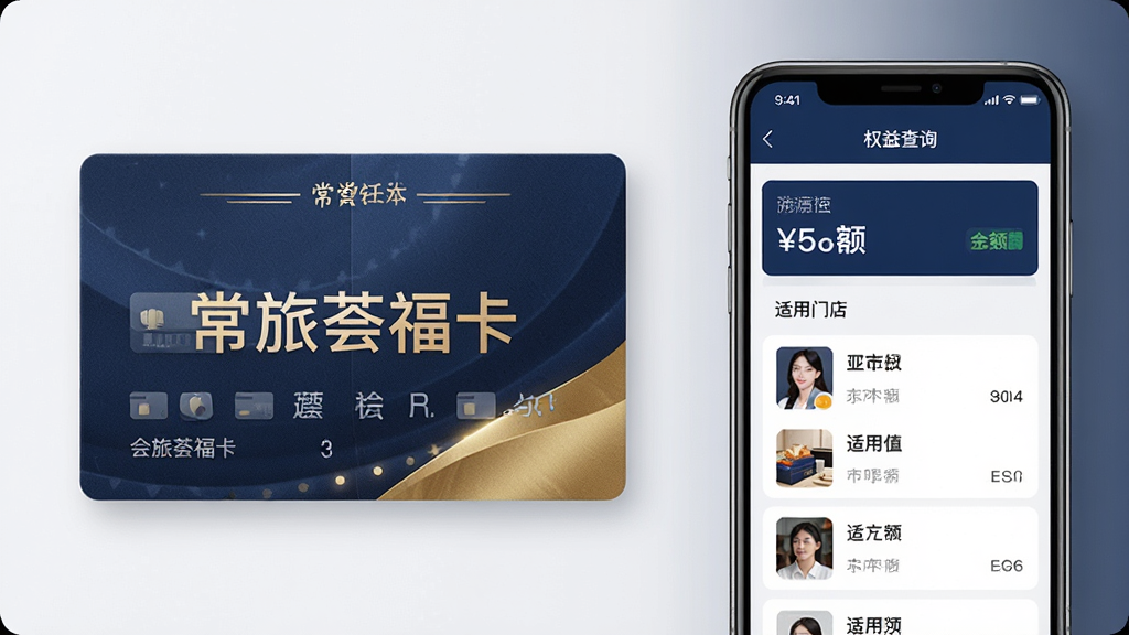主体为一张横向展开的会员权益卡片与手机界面组合,卡片上印有“常旅荟福卡”字样;布局为卡片位于左侧,手机位于右侧展示权益查询页面;排版为左右均衡构图,背景简洁;风格为商务简约风,配色以深蓝与金色点缀;细节上卡片纹理细腻,手机屏幕内可见余额与适用门店列表;画质清晰,画面干净,无多余元素