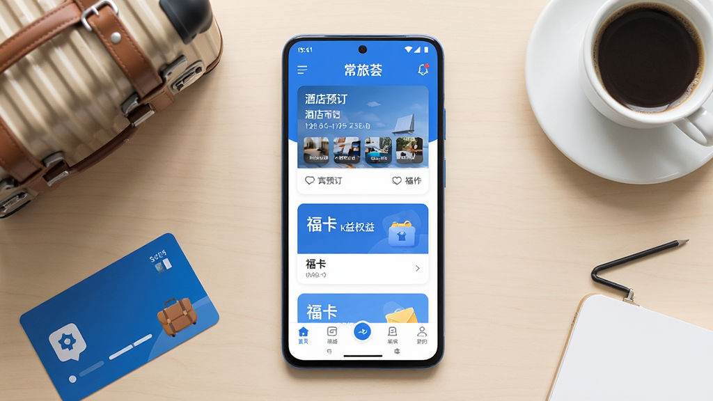 主体为一部竖屏安卓手机,屏幕中展示常旅荟应用首页界面,包含酒店预订入口、福卡权益卡片与底部导航栏;布局为手机居中放置于浅色桌面,周围点缀行李箱、房卡与咖啡杯等商旅元素;排版上手机屏幕内容清晰可辨,元素错落有致;风格为清爽现代的扁平化UI展示风格,色调以蓝白为主;细节上屏幕内可见“常旅荟”字样,图标圆润、留白充足;画质高清,画面干净,无多余元素