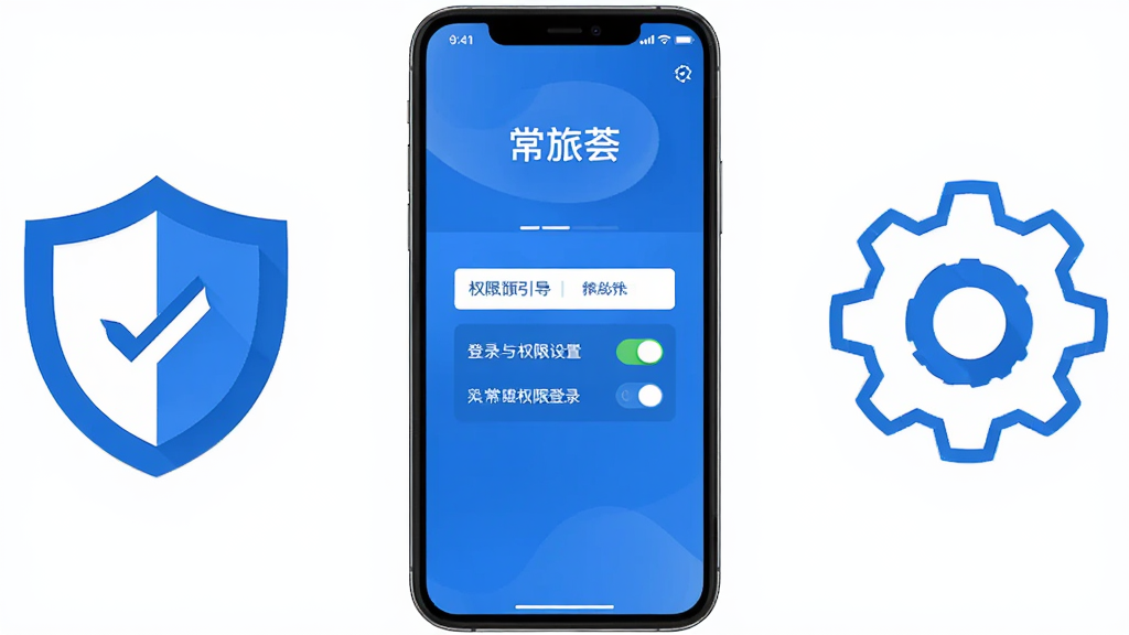 主体为一部手机屏幕展示常旅荟登录与权限设置引导页面,旁边配有盾牌与齿轮图标;布局为手机居中,图标分列两侧;排版简洁对称;风格为扁平化科技风,蓝白配色;细节上屏幕内可见“常旅荟”与权限开关示意;画质高清,画面干净,无多余元素