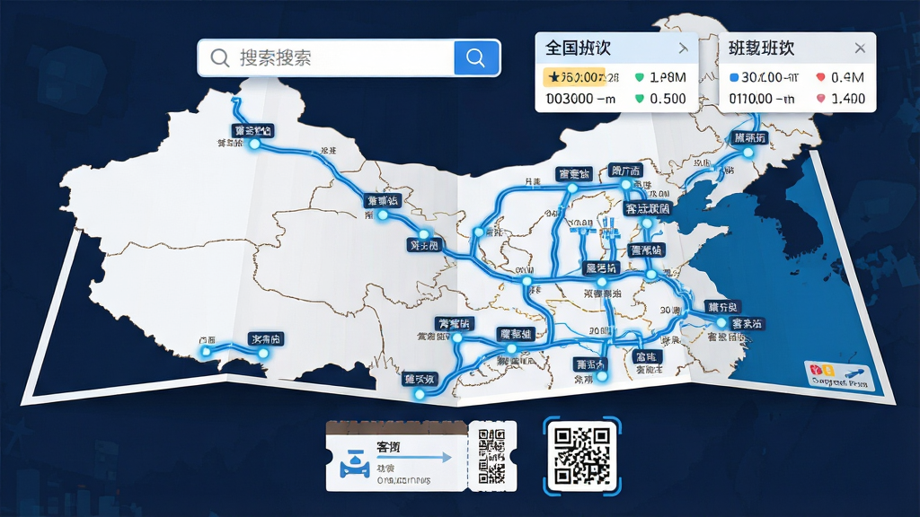 画面主体为一张展开的全国公路路网示意图,路网上分布多个发光节点代表客运站,节点之间以蓝色线条连接,图上方悬浮搜索框与班次卡片,下方排列电子客票与二维码图标,布局上图为网络图下为功能图标,风格为商务科技扁平插画,细节包含站名标签与时间刻度,画质清晰干净,无多余元素