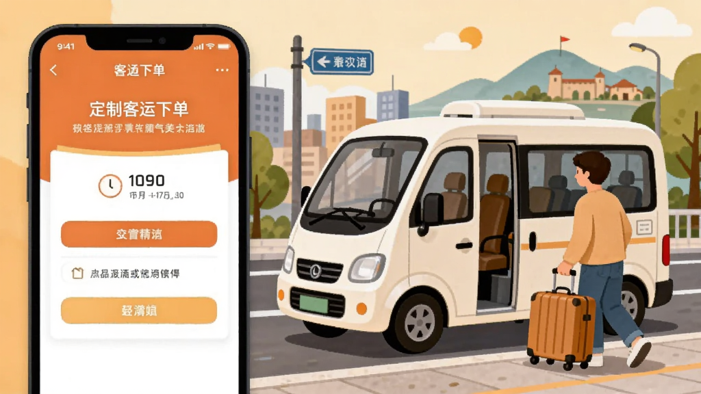 画面左侧为手机屏幕展示定制客运下单页面,右侧为一名乘客提着行李走向小型客运车辆,背景为城市街景与远处景区轮廓,采用暖色调生活化插画风格,构图左右分区,细节包含车门、行李、路牌与时间标识,画质干净清晰,无多余元素