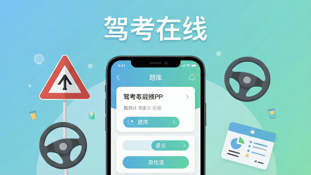 主体为一部竖屏安卓手机,屏幕内展示驾考在线APP的题库练习界面,界面中有题目卡片与选项按钮,手机周围环绕交通标志、方向盘、答题卡等扁平化图标,布局采用居中构图,手机位于画面中央偏下,上方留白放置软件名称“驾考在线”文字,风格为清新扁平化UI插画,细节包括柔和的蓝绿色渐变背景、圆角卡片、细线图标,画质为高清矢量质感,干净无多余元素