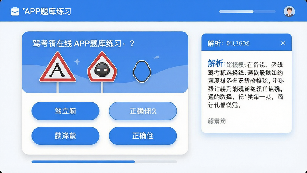 主体为驾考在线APP题库练习界面截图风格插画,画面中央展示一道交通标志选择题,题目下方有四个选项按钮,其中一个选项被高亮标记为正确,右侧浮现解析文本框,布局为左右分栏,左侧题目卡片右侧解析面板,风格为现代扁平化教育类UI设计,细节包括蓝色主色调、圆角按钮、细阴影、进度条元素,画质清晰锐利,画面干净无杂乱装饰