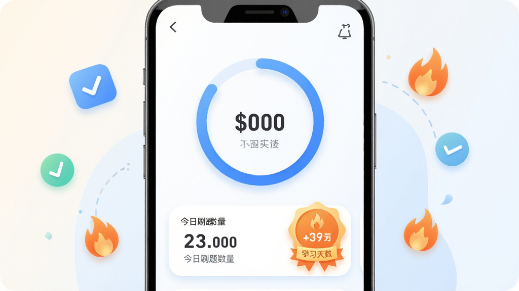 主体为驾考在线APP学习进度首页界面插画,手机屏幕内展示环形进度条、今日刷题数量卡片与连续学习天数徽章,布局为手机居中、背景为浅色渐变,周围点缀对勾图标与火焰图标,风格为清新激励型UI设计,细节包括蓝色进度环、橙色火焰徽章、圆角数据卡片、简洁字体排版,画质高清,画面干净无杂乱元素