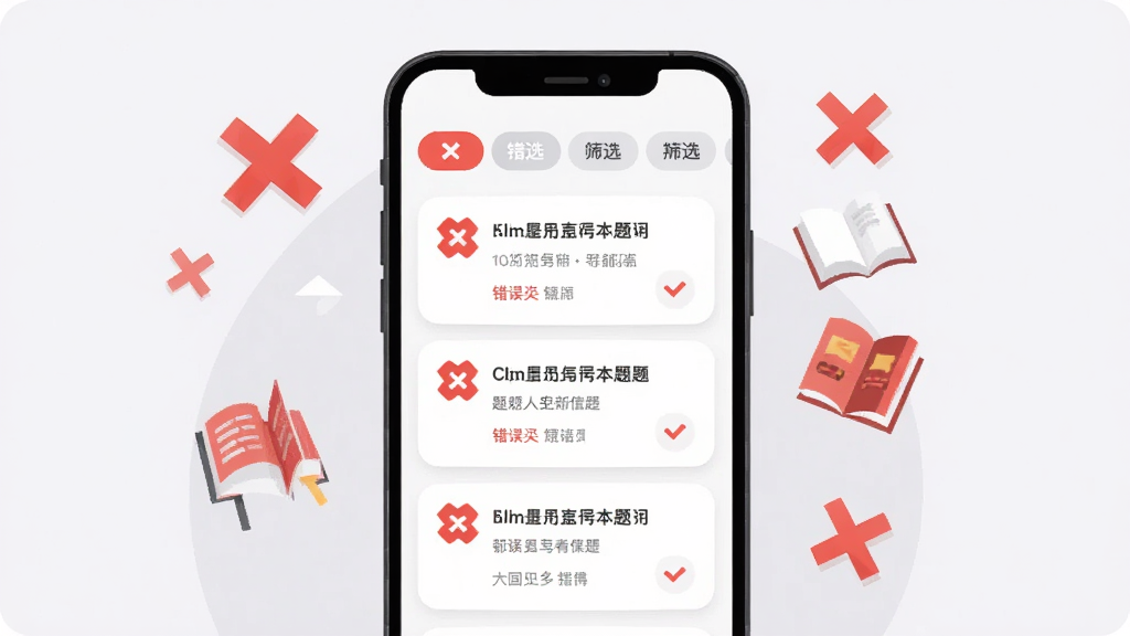 主体为驾考在线APP错题本功能界面插画,手机屏幕内展示错题列表卡片,每张卡片带有红色错误标记与题目摘要,顶部有筛选标签栏,布局为手机居中、周围漂浮红色叉号与书本图标,风格为扁平化工具类UI插画,细节包括浅灰背景、红色强调色、圆角列表项、细线分隔,画质清晰,画面干净整洁