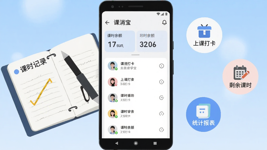 画面中央放置一部竖屏安卓手机,手机屏幕上显示课消宝极简版应用主界面,界面包含学员列表与课时余额数字,手机左侧悬浮一本翻开的课时记录本和一支笔,右侧漂浮几个圆形图标分别代表上课打卡、剩余课时、统计报表,背景为浅蓝色渐变,整体采用扁平化插画风格,细节干净利落,画质清晰,无多余元素