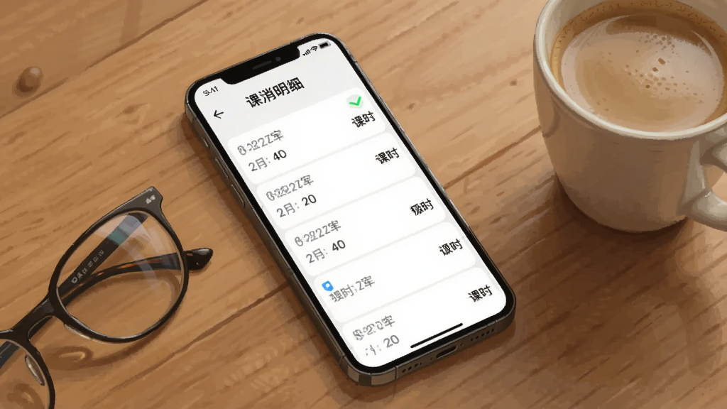 一部手机斜放在桌面上,屏幕显示课消宝极简版的课消明细列表,列表条目带有日期与课时数字,手机旁放着一副眼镜和一杯咖啡,背景为木质桌面,写实风格带轻微插画感,光线柔和,画质细腻,无多余杂物