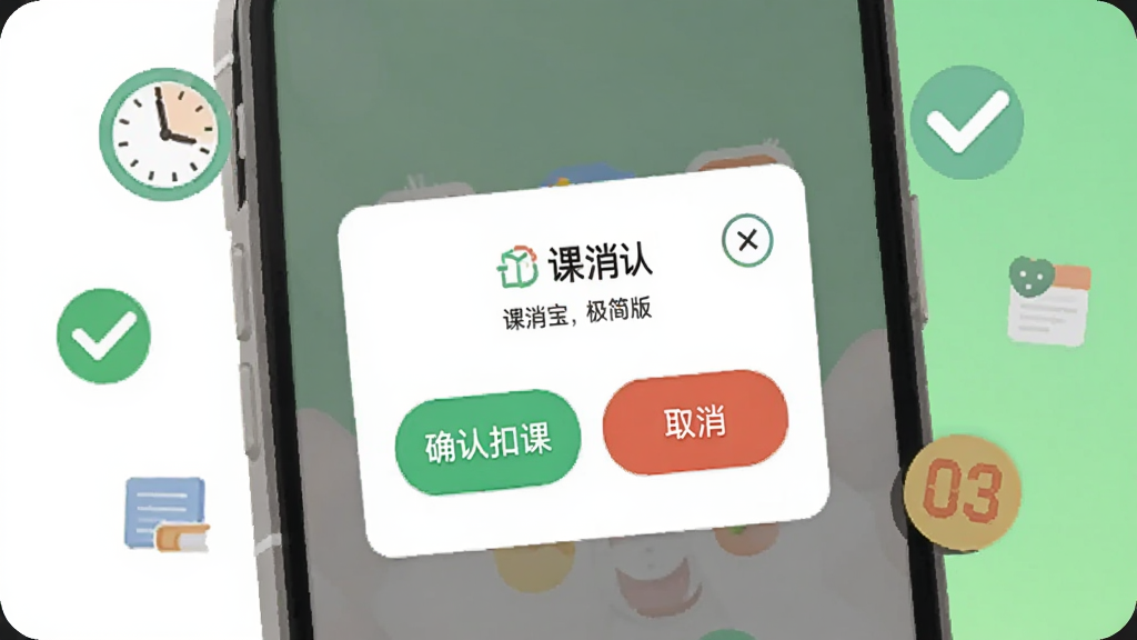 一部手机屏幕特写,屏幕中央显示课消宝极简版的课消确认弹窗,弹窗内有两个大按钮分别写着确认扣课与取消,手机周围环绕时钟、对勾、课时数字等小图标,背景为白色与浅绿色搭配,扁平化矢量插画风格,构图简洁,画质干净,无多余装饰
