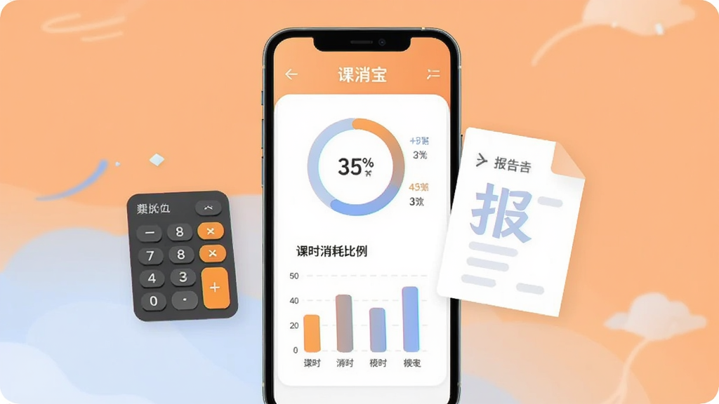 手机屏幕显示课消宝极简版的统计页面,页面中有环形进度图和柱状图展示课时消耗比例,旁边悬浮计算器与报表纸张元素,整体采用柔和的橙蓝色调,扁平化信息图风格,排版整齐,画质清晰,无杂乱元素