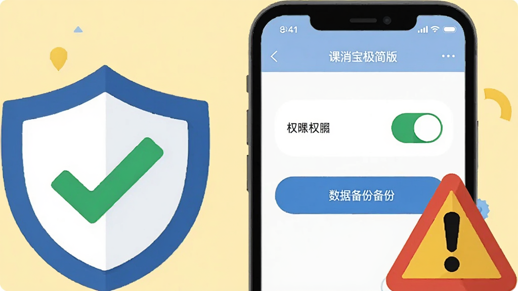 一部手机屏幕显示课消宝极简版的设置页面,页面上有权限开关与数据备份按钮,手机旁边放着一个带对勾的盾牌图标和一个警告三角图标,背景为浅黄色,扁平化插画风格,构图平衡,画质干净,无多余元素
