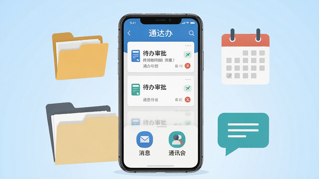 画面中央放置一部智能手机,屏幕显示通达办应用主界面,上方为待办审批卡片列表,下方为消息与通讯录图标,手机周围环绕文件夹、日历、对话气泡等办公元素,背景为浅蓝渐变,整体采用扁平化插画风格,细节干净利落,画质清晰,无多余装饰元素