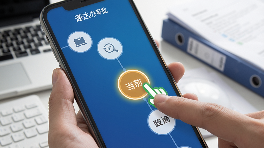一部手机屏幕中展示通达办审批流程界面,流程节点以圆形图标串联,当前节点高亮显示,旁边有手指点击确认的动作示意,背景为办公桌面与文件资料,风格简洁商务,画质干净清晰
