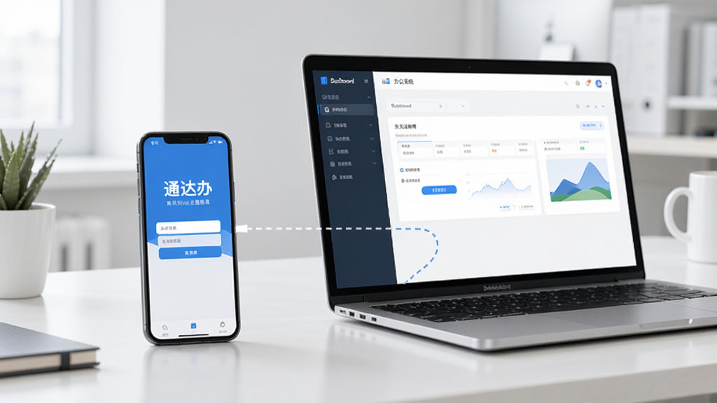 一部手机与一台笔记本电脑并排摆放,手机屏幕显示通达办登录界面,电脑屏幕显示办公系统后台,两者之间用虚线连接表示数据同步,背景为简洁的办公桌面,风格清爽现代,画质干净清晰