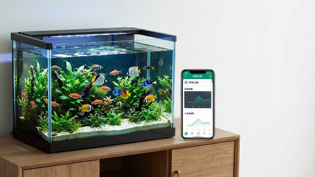 画面主体为一台放置在客厅木质柜上的智能水族箱,水体清澈、水草丰茂、热带鱼游动,水族箱旁边放着一部智能手机,手机屏幕显示“中科水族”App的设备管理界面与水质数据曲线,整体布局为左中右三分构图,左侧水族箱、中间手机、右侧留白,排版干净,风格为现代家居写实摄影,细节包含水面反光、水草纹理、手机屏幕高光,画质高清、干净、无多余元素