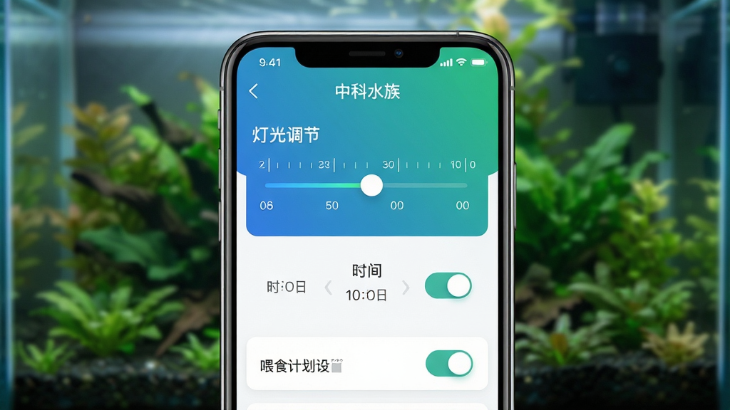 画面主体为手机屏幕特写,屏幕显示“中科水族”App的灯光调节滑块与喂食计划设置页面,界面配色为蓝绿渐变,背景为虚化的水族箱水草,布局为手机居中、上下留白,风格为科技感UI界面展示,细节包含滑块刻度、时间选择器、开关按钮高光,画质高清、干净、无多余元素