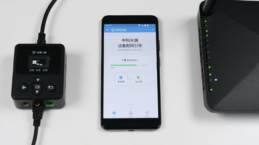 画面主体为一部平放在桌面上的安卓手机,屏幕显示“中科水族”App的设备配网引导页面,旁边放置水族控制器与路由器,布局为手机居中、控制器与路由器分列两侧,风格为数码产品场景实拍,细节包含屏幕配网进度条、路由器指示灯、控制器接口,画质高清、干净、无多余元素